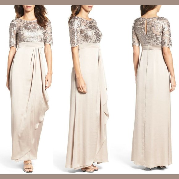 NEW Adrianna Papell Floral Sequin Embroidered‎ Gown in Light Mink [SZ 4 ] - Picture 6 of 13